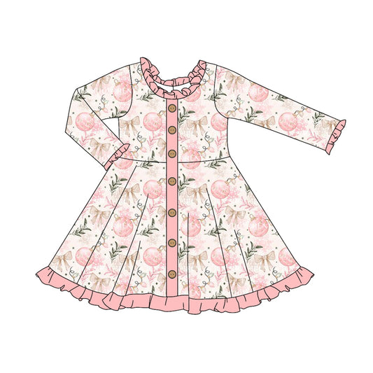 Preorder (moq 5)Baby Girls Long Sleeves Bows Lights Button Ruffle Knee Length Dresses