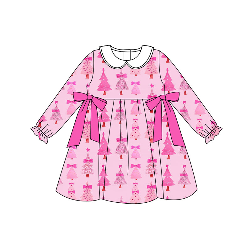 Preorder (moq 5)Baby Girls Long Ruffle Sleeves Pink Bows Trees Plaid Knee Length Dresses