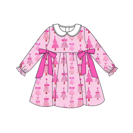 Preorder (moq 5)Baby Girls Long Ruffle Sleeves Pink Bows Trees Plaid Knee Length Dresses