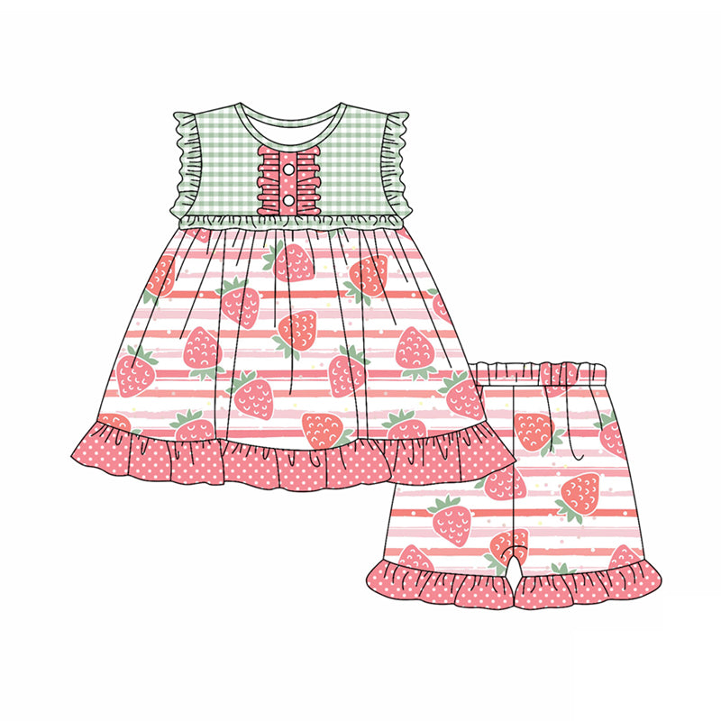 Preorder (moq 5)Baby Girls Ruffle Sleeveless Button Strawberry Tunic Pink Stripe Short Set