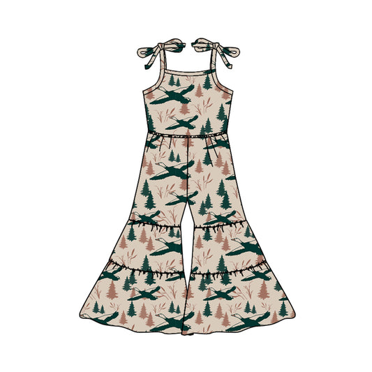 Preorder (moq 5)Baby Girls Green Strap Ducks Trees Patchwork Bell Bottom Jumpsuits Preorder