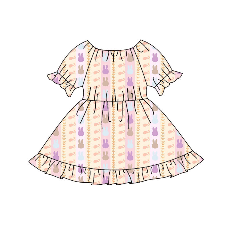 Preorder(moq 8)Baby Girls Colorful Rabbits Stripe Easter Ruffle Knee Length Dresses