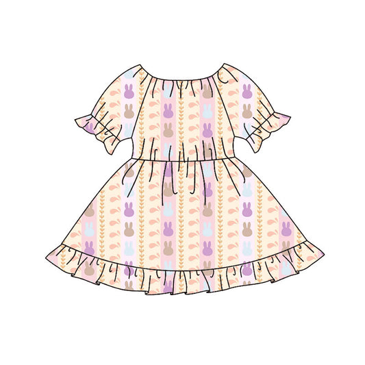 Preorder(moq 8)Baby Girls Colorful Rabbits Stripe Easter Ruffle Knee Length Dresses