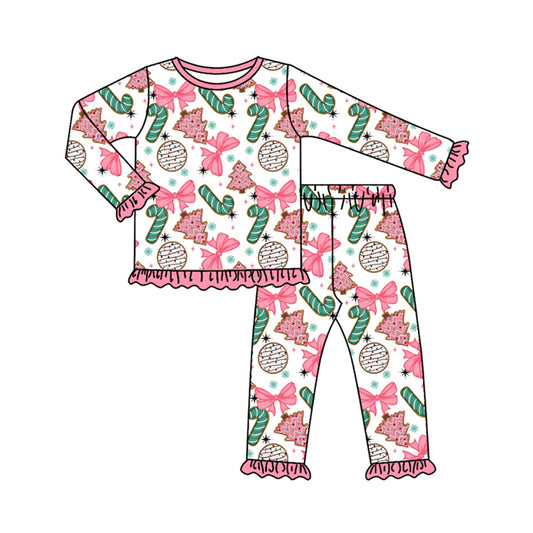 Preorder (moq 5)Baby Girls Long Ruffle Sleeves Bows Candy Cane Top Pants Pajamas Set