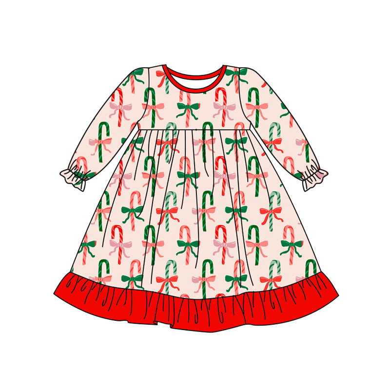 Preorder (moq 5)Baby Girls Long Ruffle Sleeves Bows Candy Cane Knee Length Dresses