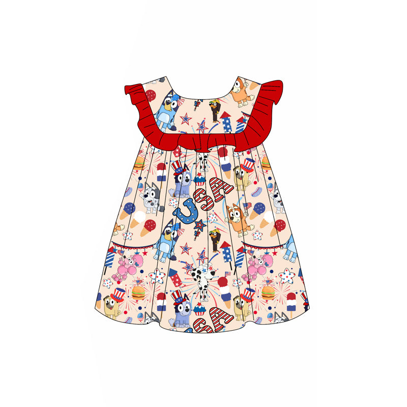Preorder (moq 5)Baby Girls Red Sleeveless Cartoon Dogs Firework 4th Of July Knee Length Dress