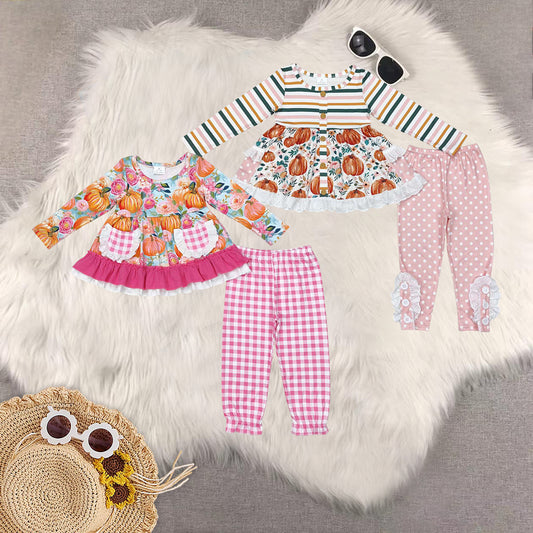 Sibling Baby Girls Fall Long Sleeves Pumpkins Pocket Tunic Pants Clothes Sets