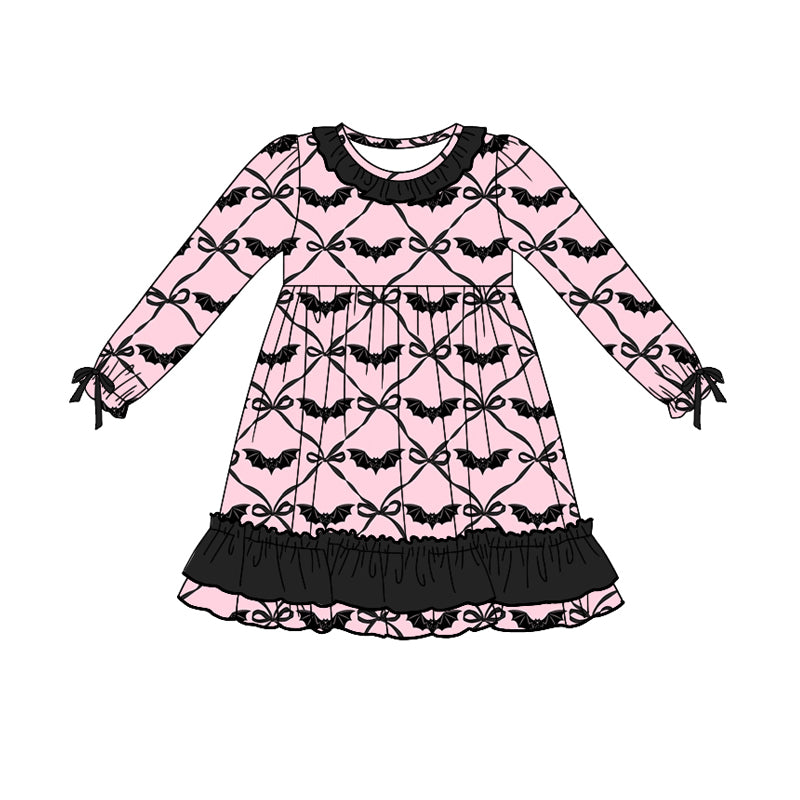 Preorder moq 5 Baby Girls Pink Long Ruffle Sleeves Black Bows Bats Knee Length Dresses