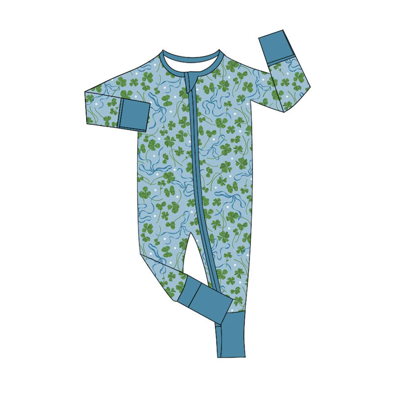 Preorder (moq 8)Baby Girls Clovers Plaid St Patrick Zipper Footie Rompers