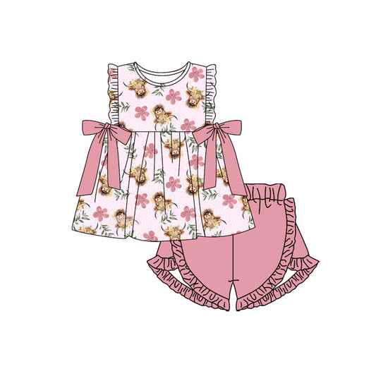 Preorder moq 5 Baby Girls Sleeveless Highland Cows Flowers Tunic Pink Ruffle Short Set
