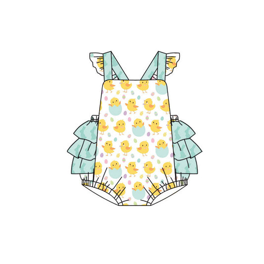 Preorder(moq 8)Baby Girls Flutter Sleeve Chicks Eggs Easter Ruffle Rompers