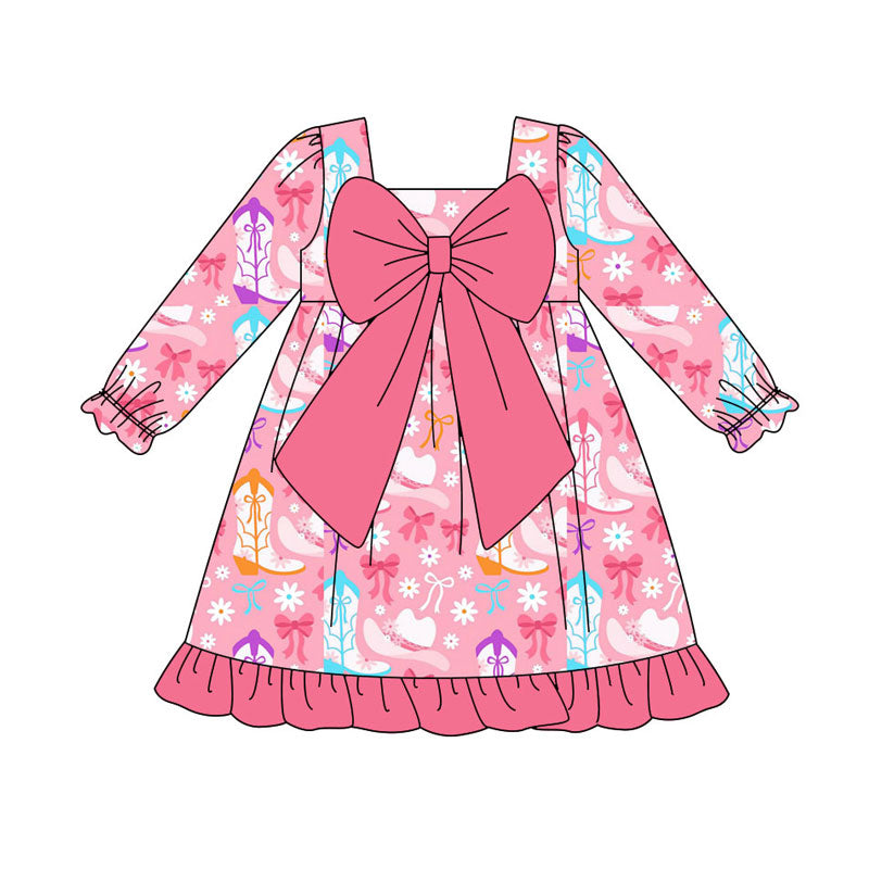 Preorder(moq 8)Baby Girls Pink Boots Flowers Bows Ruffle Knee Length Dresses