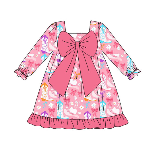 Preorder(moq 8)Baby Girls Pink Boots Flowers Bows Ruffle Knee Length Dresses