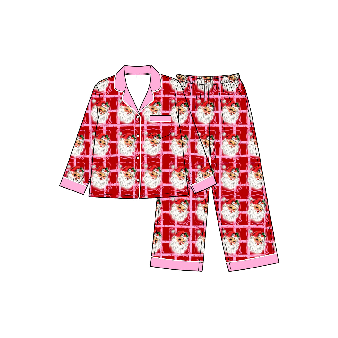Preorder (moq5)  Girls Christmas Bow Print 2-Piece Soft Long Sleeve Pants Side Stripe Holiday Loungewear  Set