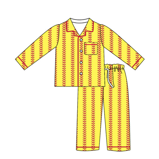 Preorder (moq 5)Baby Boys Softballs Stripe Button Pocket Top Pant Team Pajamas Sets