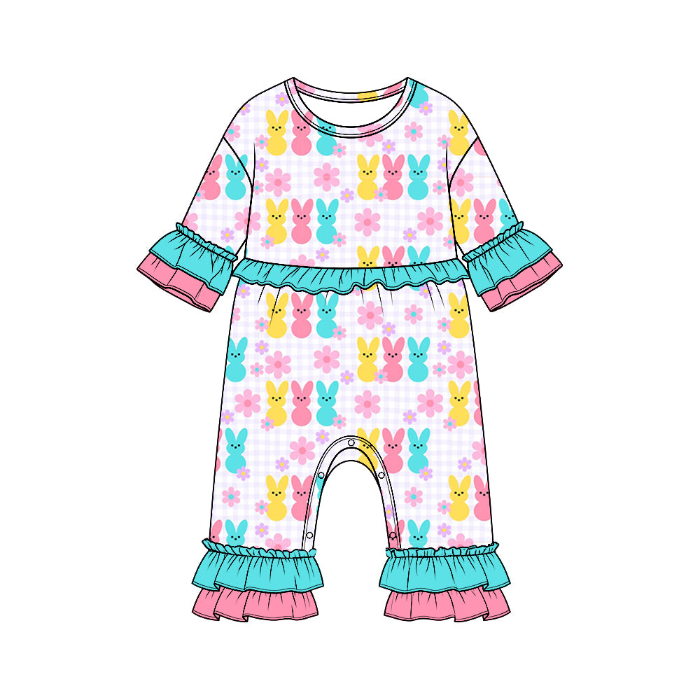 Preorder moq 5Girls’ Easter Colorful Cute Bunny Print Ruffle Trim Romper with Blue Floral Print