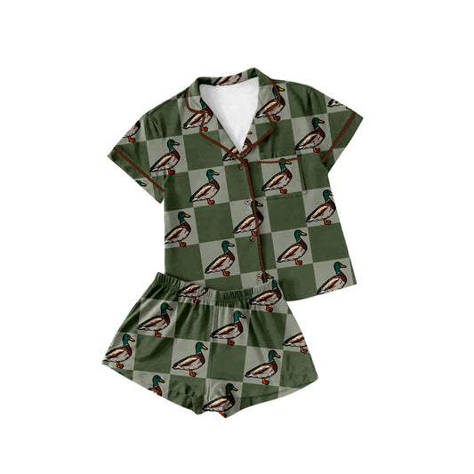 Preorder (moq 5)Baby Girls Green Checkered Ducks Buttons Shirts Shorts Pajamas