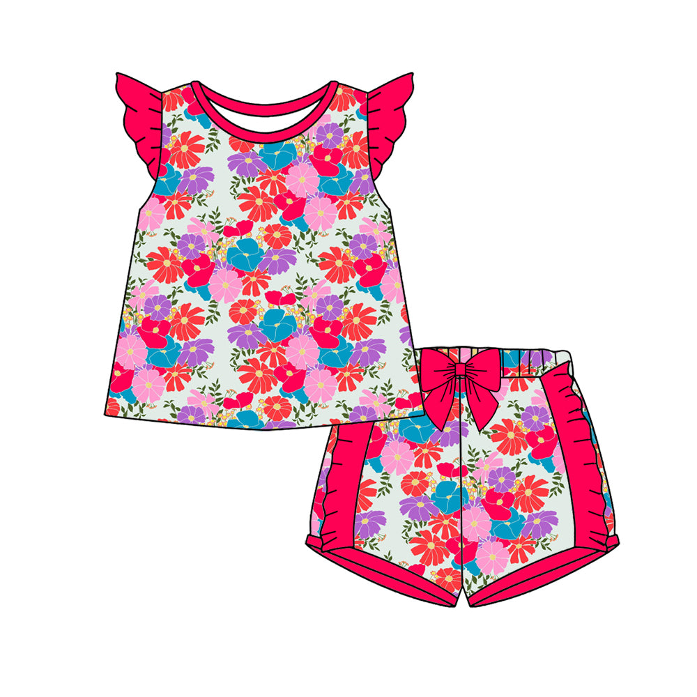 Preorder (moq 5)Baby Girls Flutter Sleeve Colorful Flowers Tunic Ruffle Short Clothes Sets