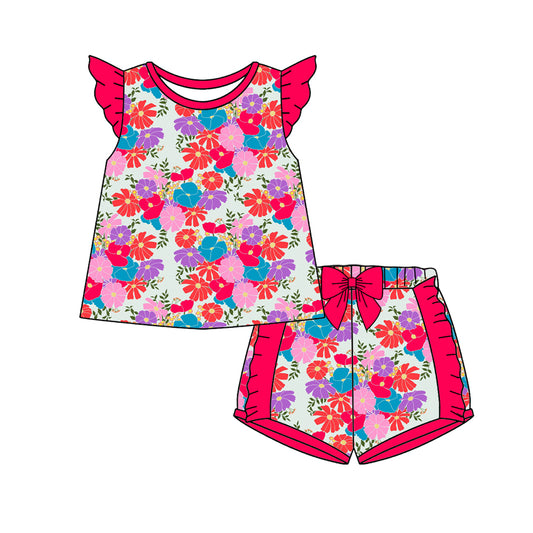 Preorder (moq 5)Baby Girls Flutter Sleeve Colorful Flowers Tunic Ruffle Short Clothes Sets