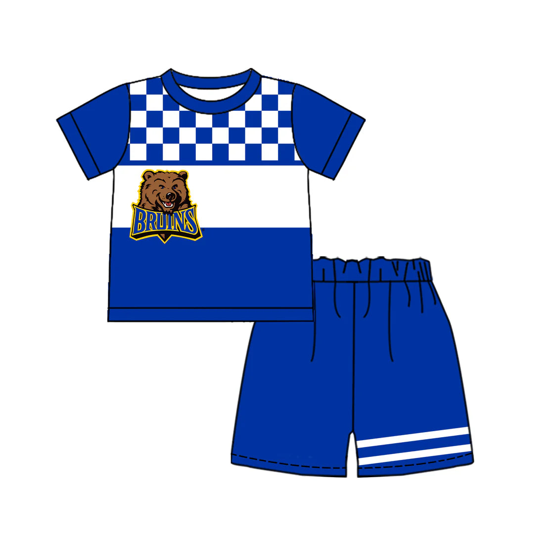 Preorder (moq 5)Baby Boys Blue Checked Bruins Shirt Top Short Team Clothes Set