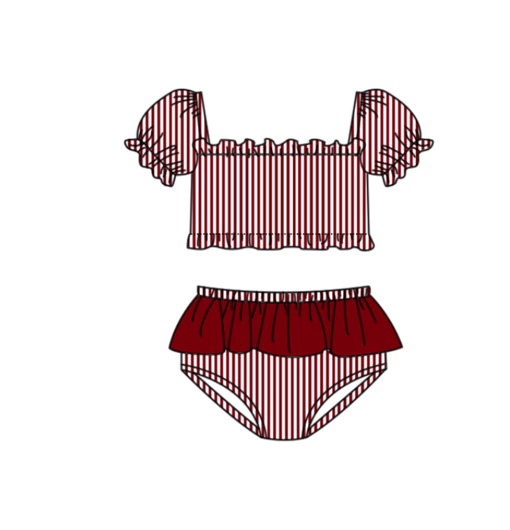 Preorder moq 5 Baby Girls Red Stripe Vest Top Bummies Short Team Swimsuits
