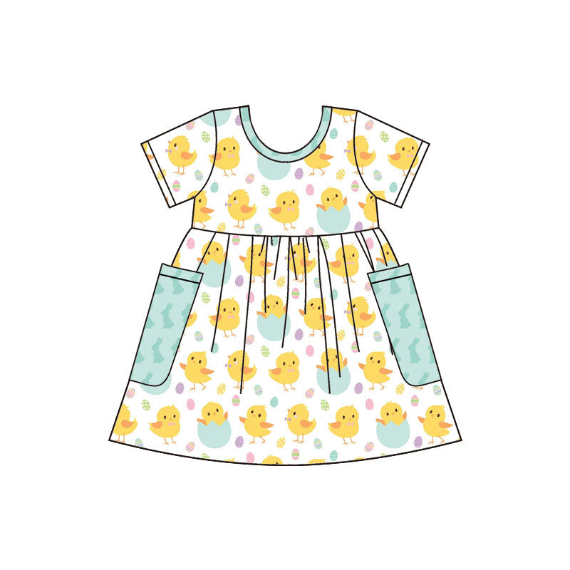 Preorder(moq 8)Baby Girls Chicks Eggs Pockets Easter Knee Length Dresses