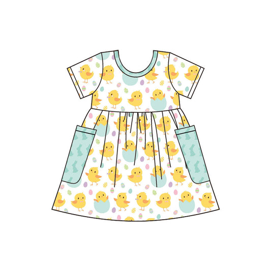 Preorder(moq 8)Baby Girls Chicks Eggs Pockets Easter Knee Length Dresses