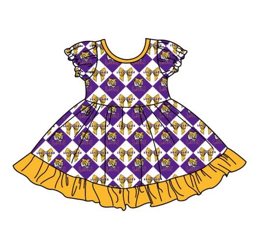 Preorder moq 5 Baby Girls Short Sleeve LSU Tigers Bows Team Ruffle Knee Length Dress