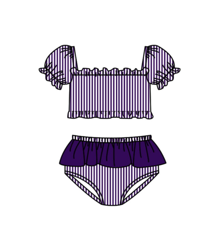 Preorder moq 5 Baby Girls Purple Stripe Vest Top Bummies Short Team Swimsuits
