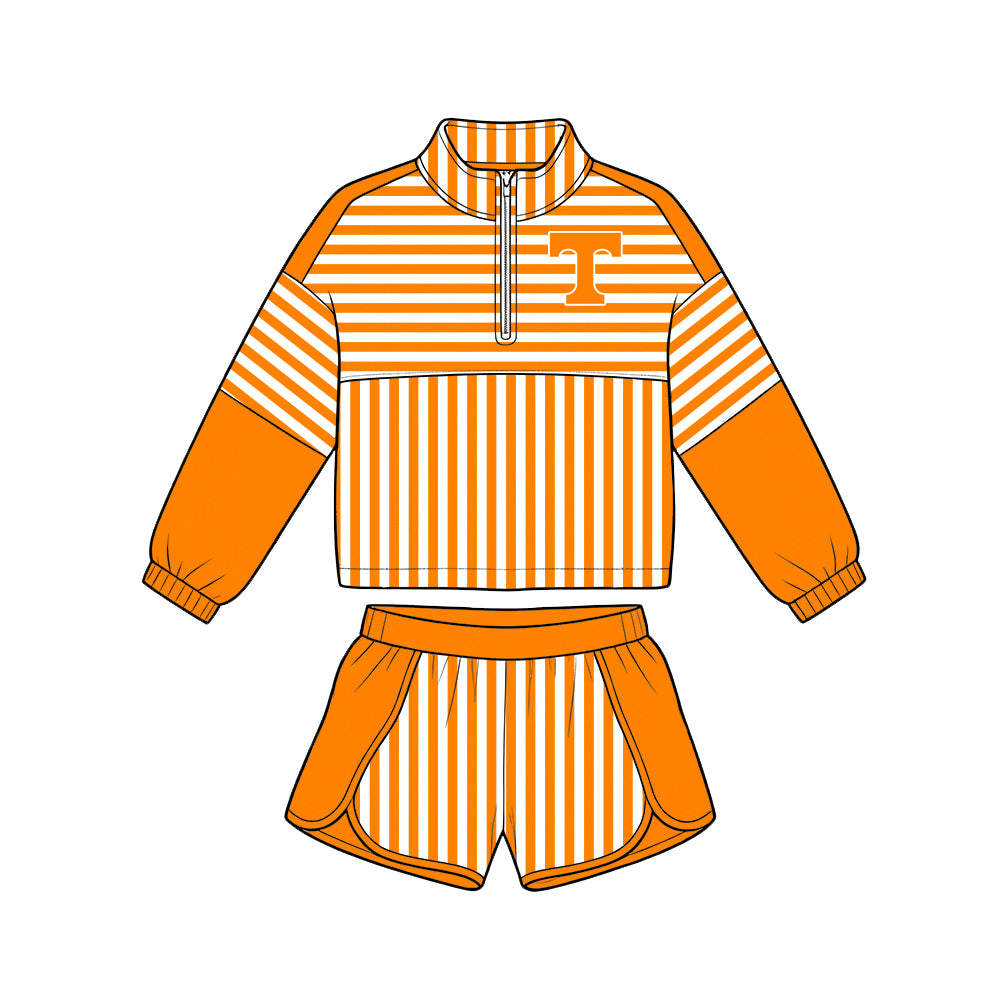 Preorder (moq 5) Girls’ Team 0range Striped Round-Neck Long-Sleeve Top & Matching Elastic-Waist Shorts 2-Piece Set