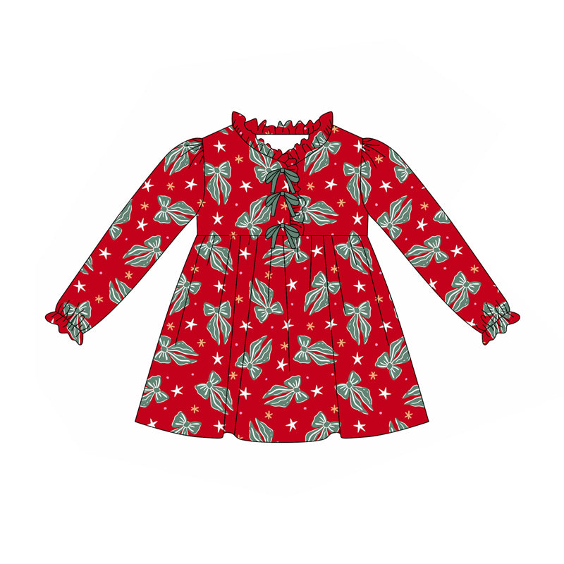 Preorder (moq 5)Baby Girls Green Bows Plaid Christmas Knee Length Dresses