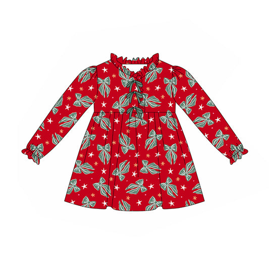 Preorder (moq 5)Baby Girls Green Bows Plaid Christmas Knee Length Dresses