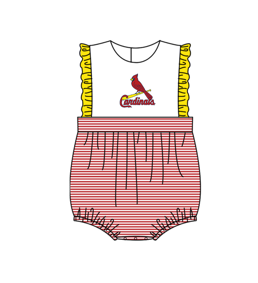 Preorder (moq 5)Baby Girls Sleeveless Cardinals Stripe Team Ruffle Rompers