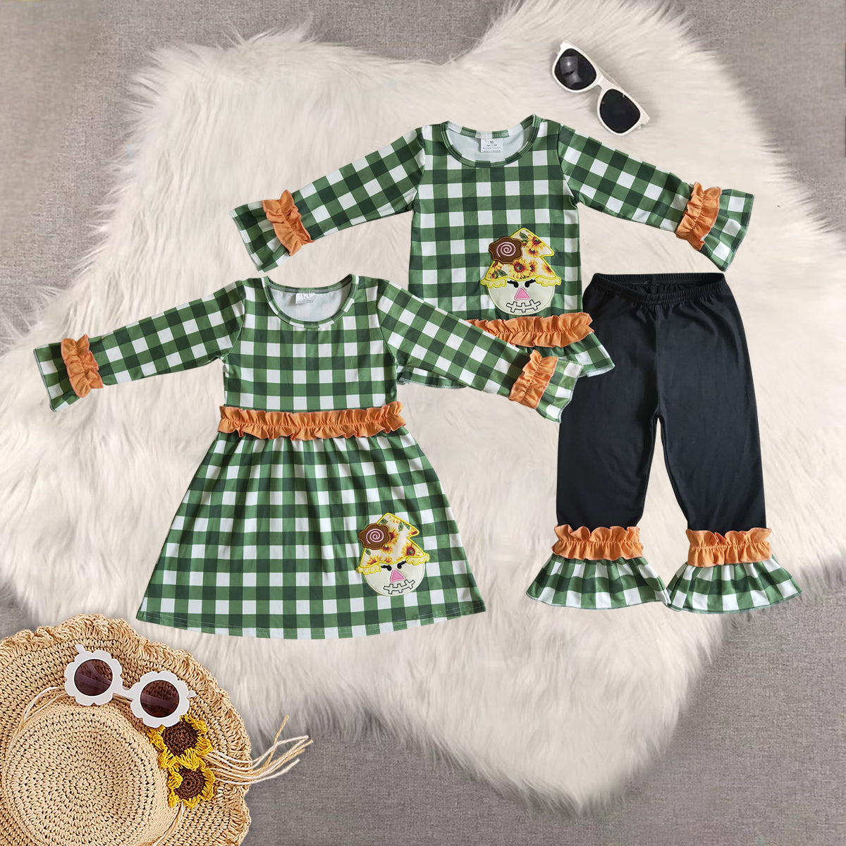 Sibling Baby Girls Long Ruffle Sleeves Green Plaid Scarecrow Tunic Pant Fall Set Dresses