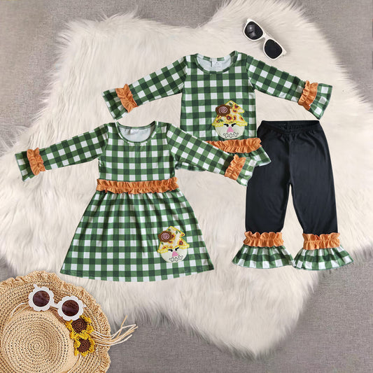 Sibling Baby Girls Long Ruffle Sleeves Green Plaid Scarecrow Tunic Pant Fall Set Dresses