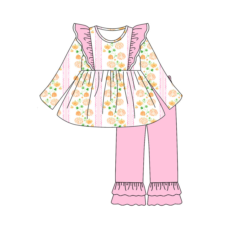 Preorder (moq 5)Baby Girls Long Sleeves Pink Pumpkins Stripe Tunic Ruffle Pant Set