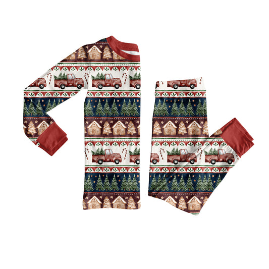 Preorder (moq 20)Baby Boys Bamboo Trees Trucks Candy Cane Christmas Pajamas Sets