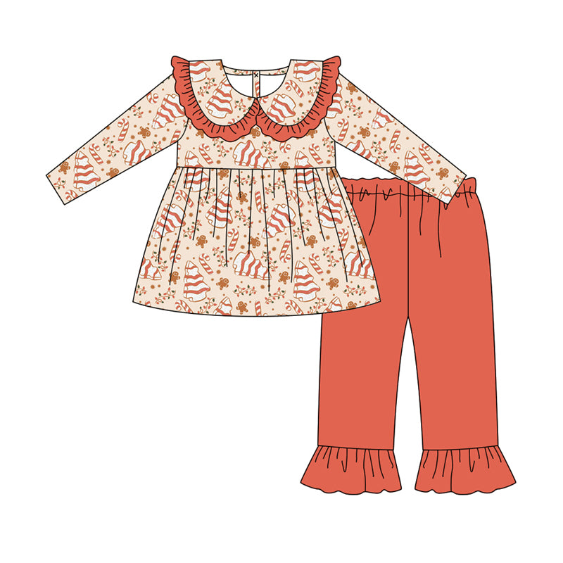 Preorder (moq 5)Baby Girls Long Sleeves Trees Gingerbread Tunic Ruffle Pant Clothes Set