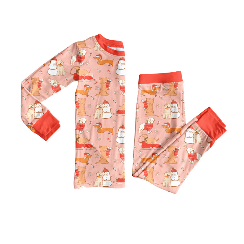 Preorder (moq 5)Baby Girls Peach Long Sleeves Snowman Dogs Top Pant Pajamas Set