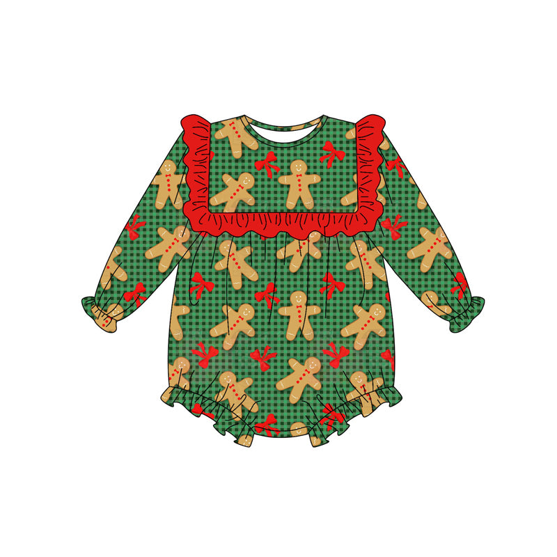 Preorder(moq 5)Baby Girls Green Checked Bows Gingerbread Christmas Ruffle Rompers