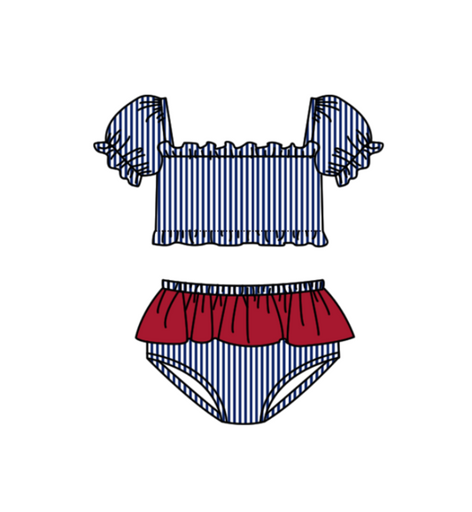Preorder moq 5 Baby Girls Navy Stripe Vest Top Bummies Short Team Swimsuits