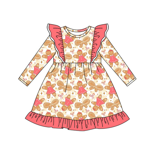 Preorder (moq 5)Baby Girls Long Sleeves Bows Gingerbread Knee Length Dresses