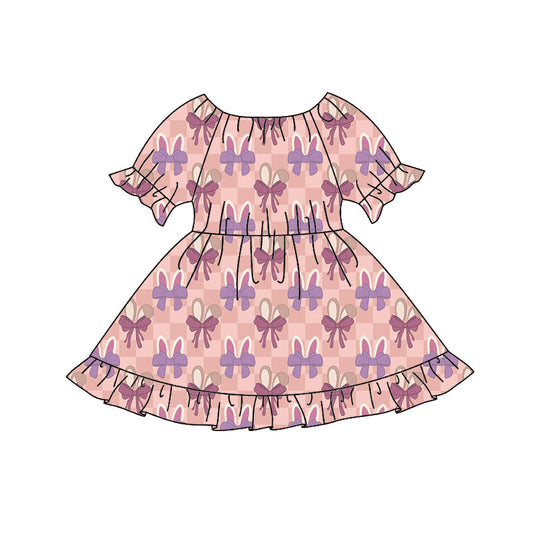 Preorder(moq 8)Baby Girls Pink Checked Bows Rabbits Easter Ruffle Knee Length Dresses