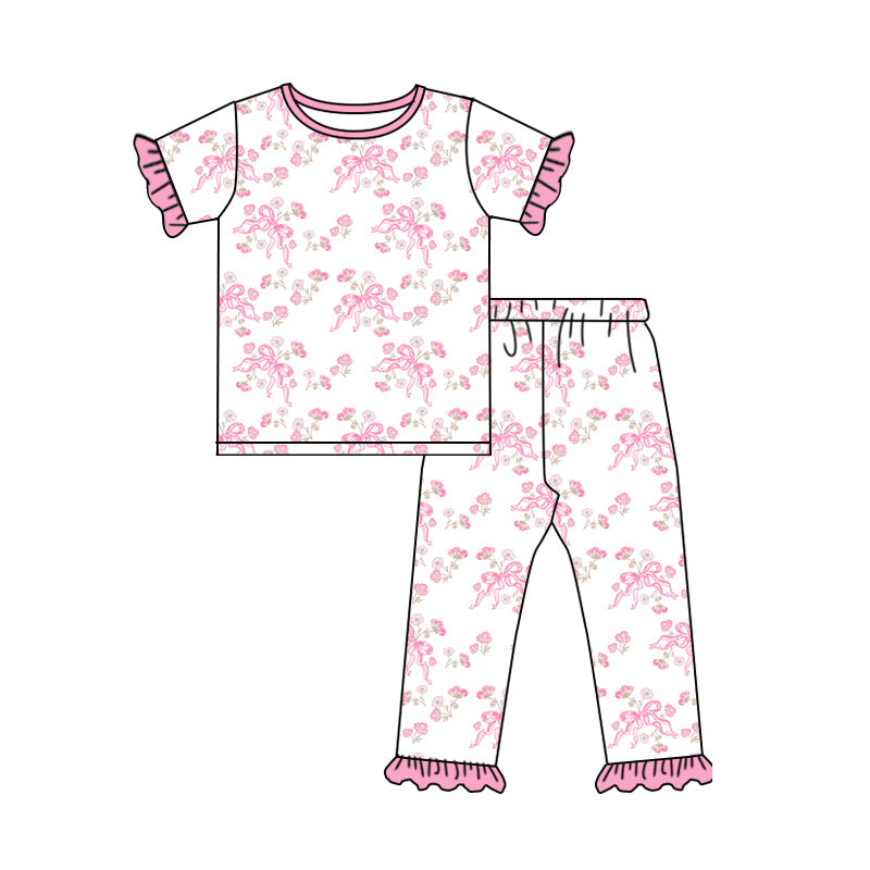 Preorder (moq 5)Baby Girls Short Ruffle Sleeves Pink Bows Flowers Top Pant Pajamas Set