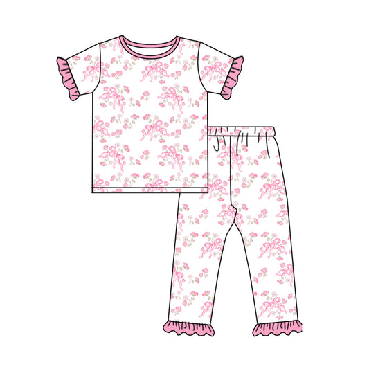 Preorder (moq 5)Baby Girls Short Ruffle Sleeves Pink Bows Flowers Top Pant Pajamas Set