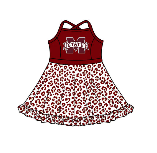 Preorder (custom moq 5)Baby Girls Strap Leopard M State Short Ruffle Team Knee Length Dress