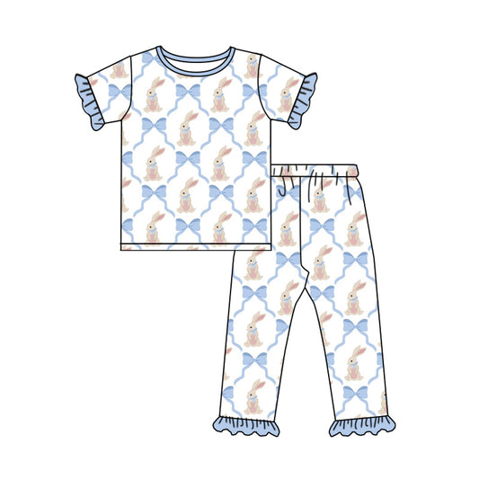 Preorder (moq 5)Baby Girls Blue Bows Rabbits Checked Top Ruffle Pants Easter Pajamas Sets