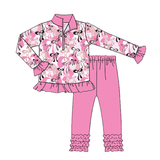 Preorder(moq 8)Baby Girls Black Pink Bows Plaid Zipper Pullover Ruffle Leggings Clothes Sets