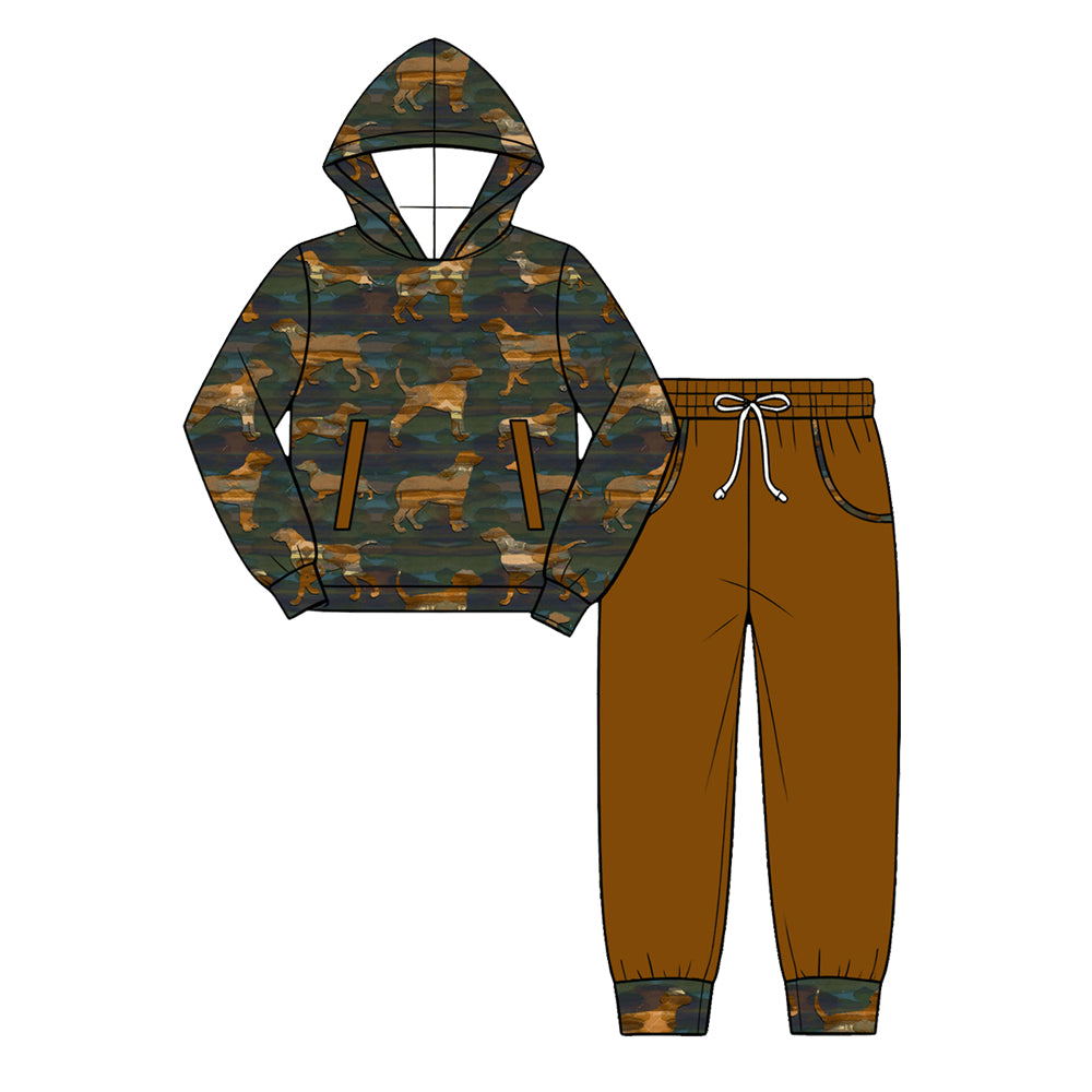 Preorder (moq 5) Baby Boy Clothes Dark Green Hunting Dog Print Long Sleeve Hoodie Jogger Pant Set