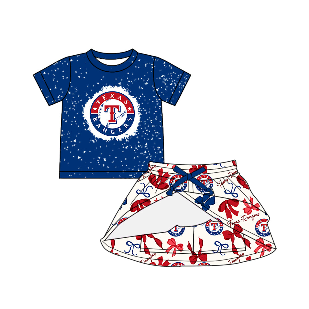 Preorder (moq 5)Baby Girls Hot Blue Short Sleeves T Top Bows Plaid Team Set
